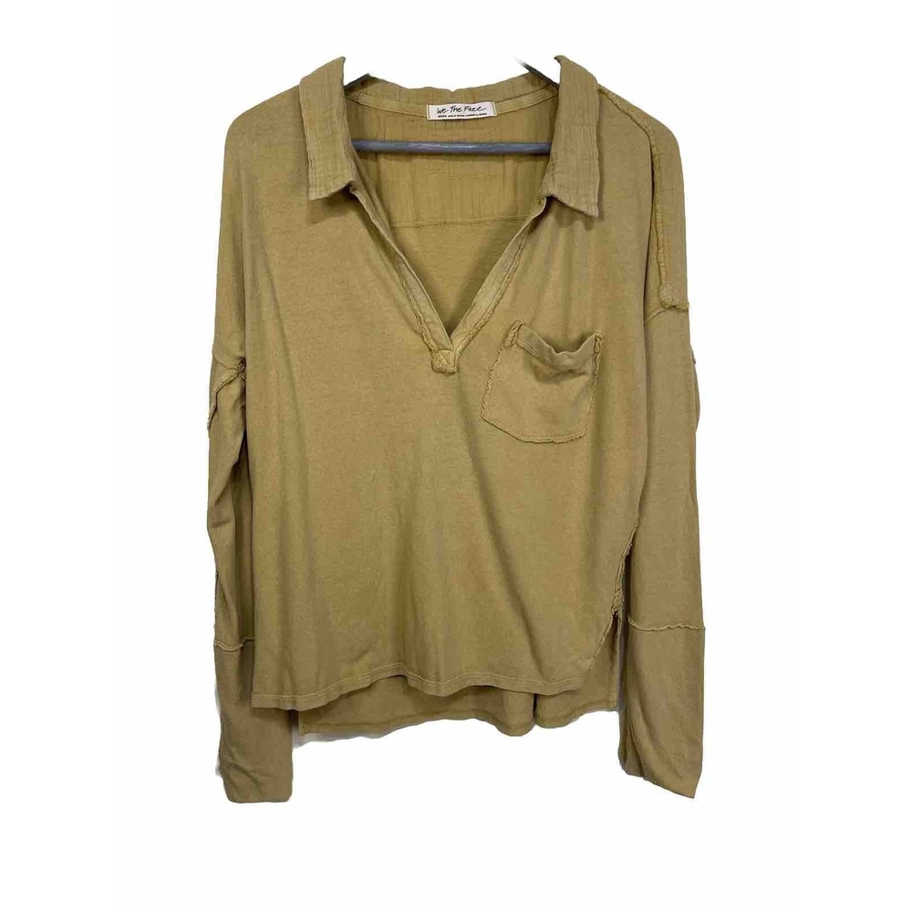We The Free Shirt Womens Medium Mustard Collar Raw Edges Long Sleeve Pullover